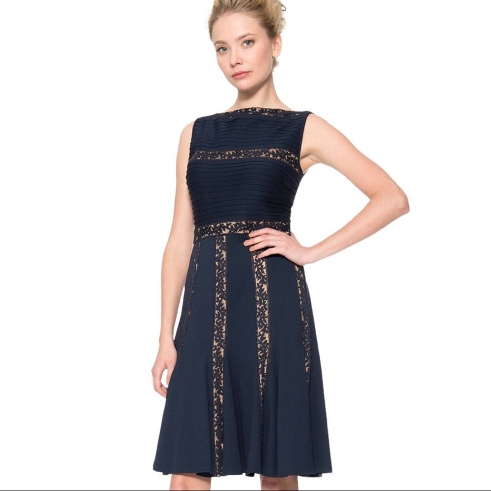 Tadashi Shoji Pintuck Jersey Lace Dress in Navy / Nude